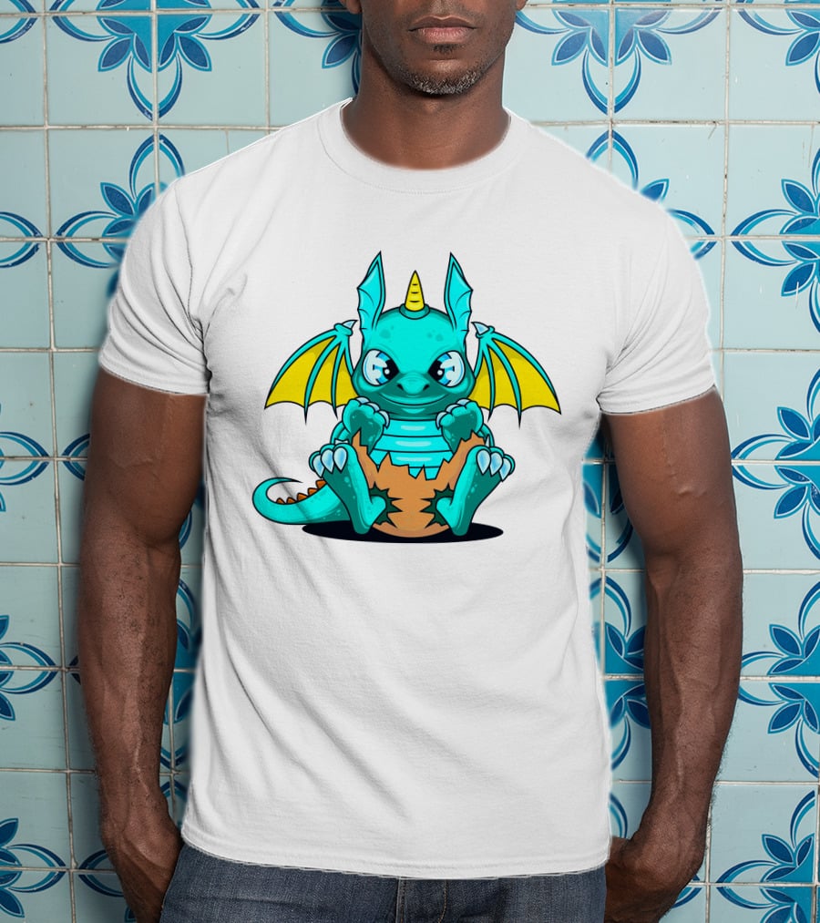 Cool Baby Dragon With Horns Sitting On Eggshell T-Shirt