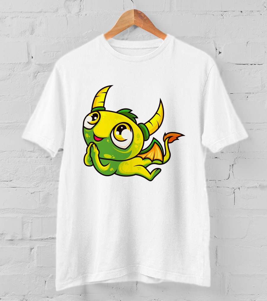 Cute Dragon Wishing Adorable Green And Yellow Horned Fantasy Character T-Shirt