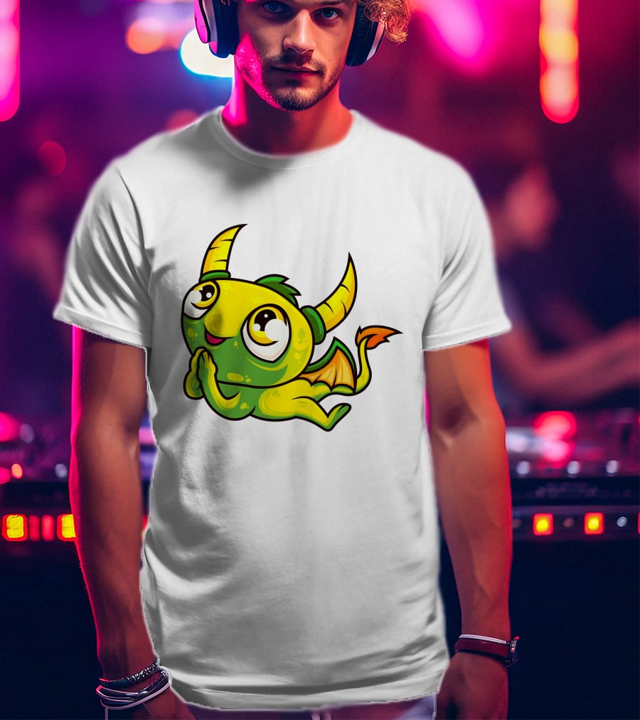 Cute Dragon Wishing Adorable Green And Yellow Horned Fantasy Character T-Shirt