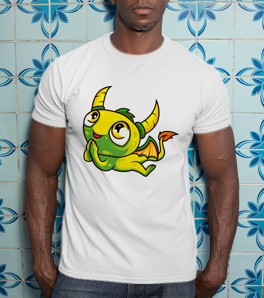 Cute Dragon Wishing Adorable Green And Yellow Horned Fantasy Character T-Shirt