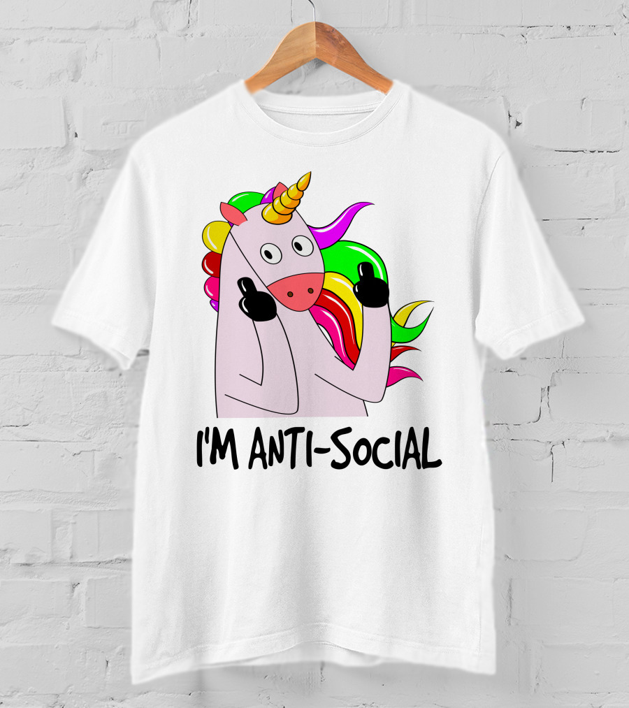 I'm Anti-Social Unicorn Colorful Rainbow Mane Black Gloves T-Shirt