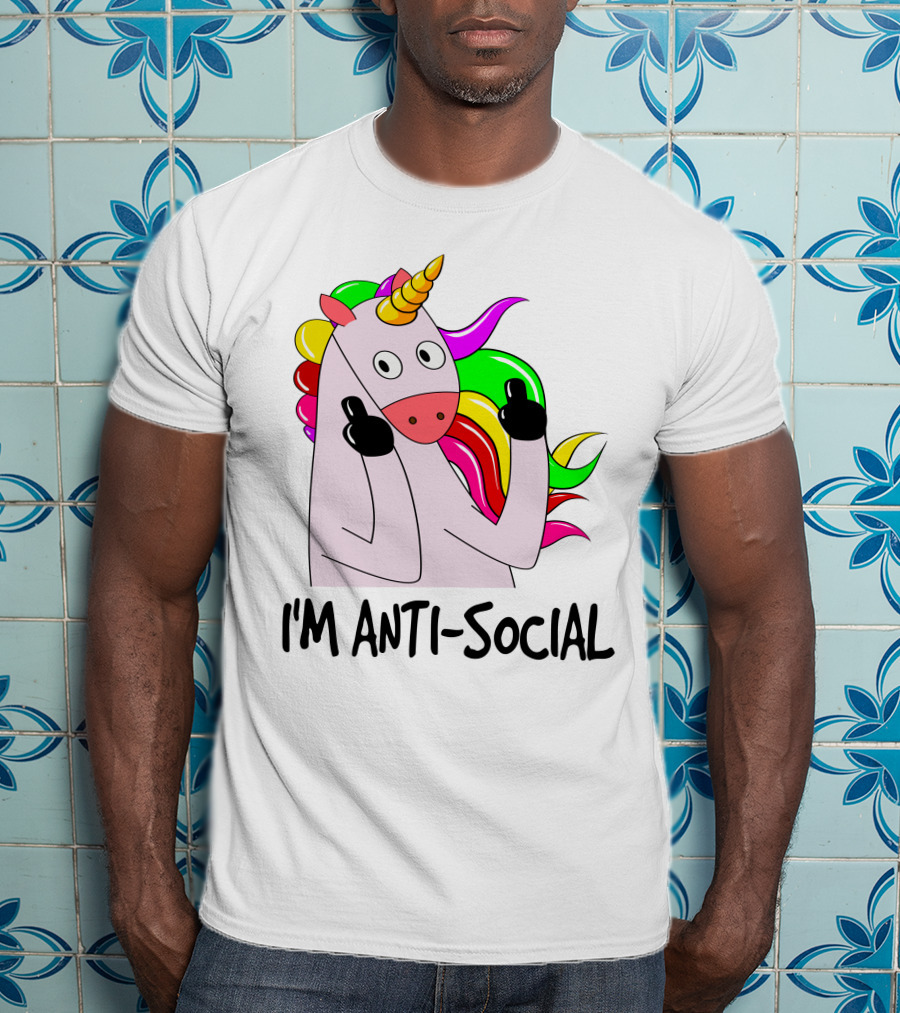 I'm Anti-Social Unicorn Colorful Rainbow Mane Black Gloves T-Shirt