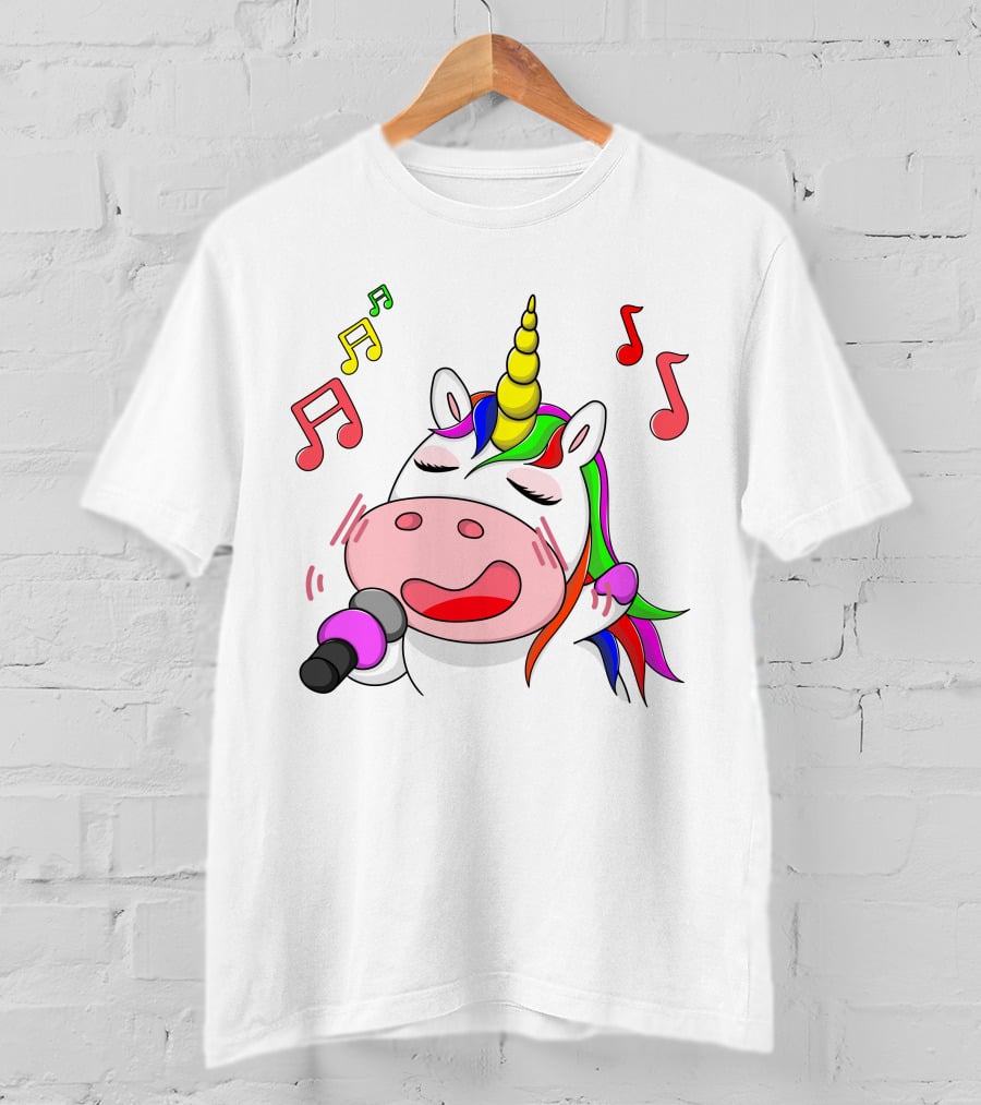 Unicorn Singing With Colorful Microphone And Musical Notes T-Shirt