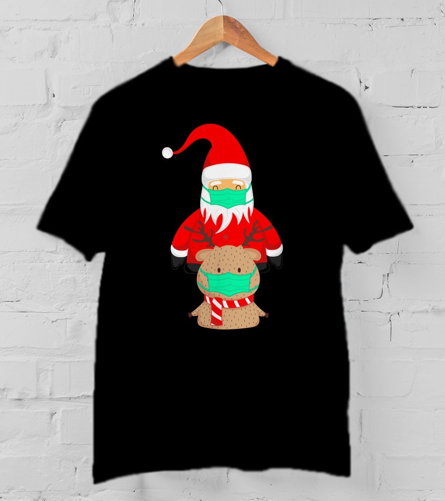 Santa Claus And Reindeer Wearing Masks T-Shirt