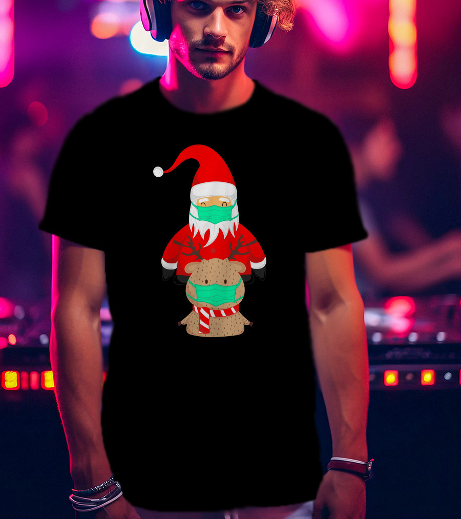 Santa Claus And Reindeer Wearing Masks T-Shirt