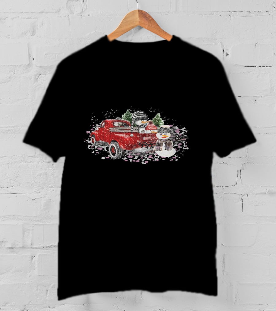 Christmas Snowman Truck Red Watercolor Snow Scene T-Shirt