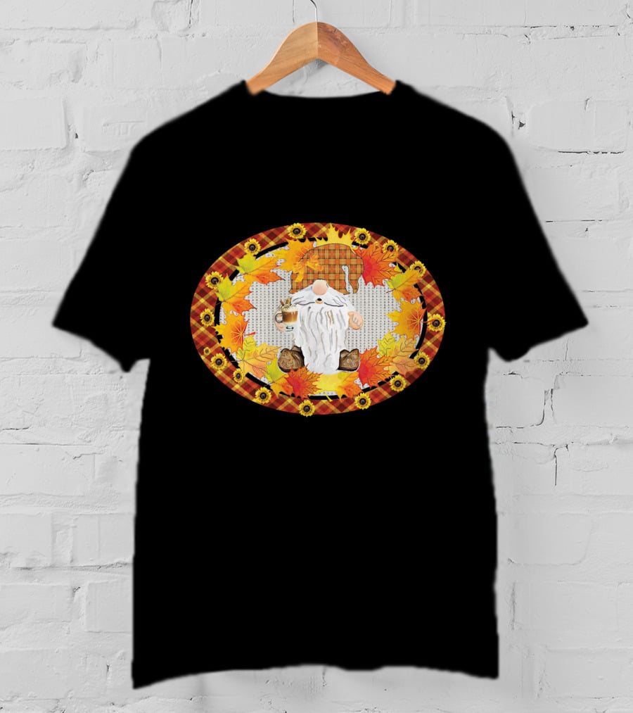 Fall Gnome With Coffee Mug Surrounded By Autumn Leaves And Sunflowers T-Shirt