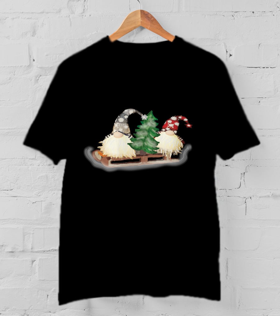 Gnomes On Sleigh With Christmas Tree And Snowflake Hats T-Shirt