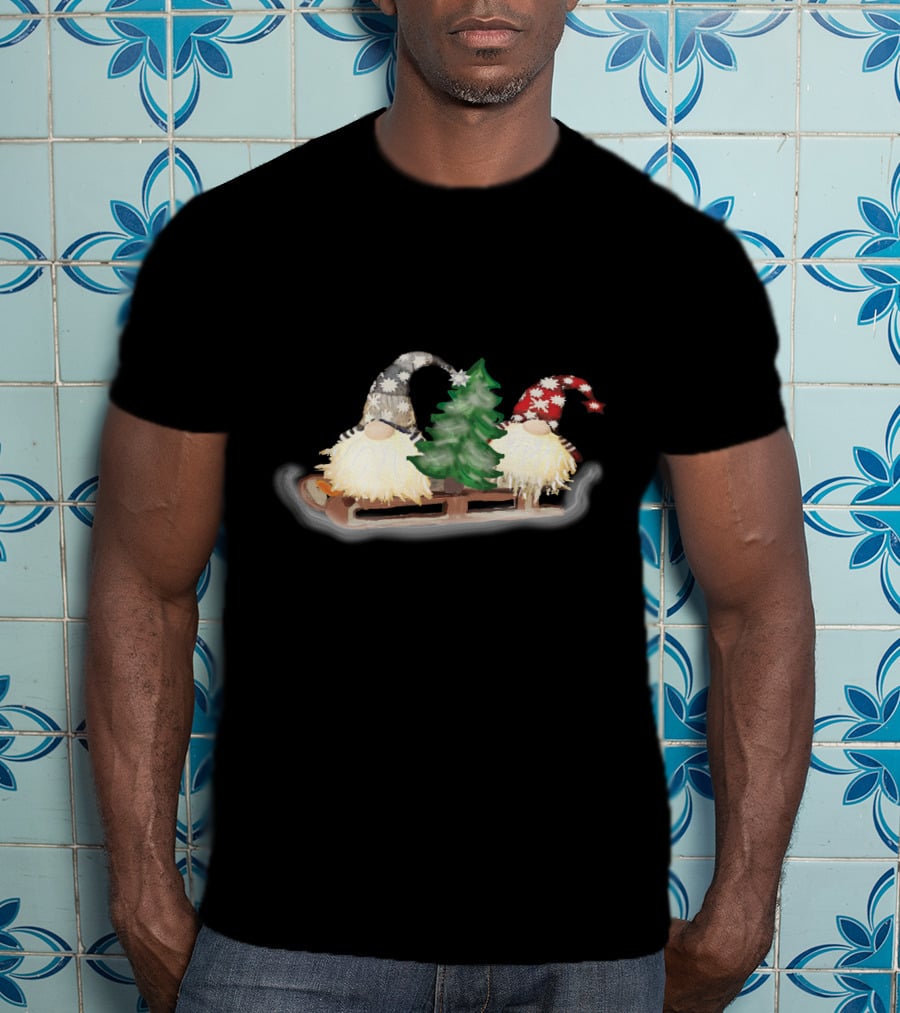 Gnomes On Sleigh With Christmas Tree And Snowflake Hats T-Shirt