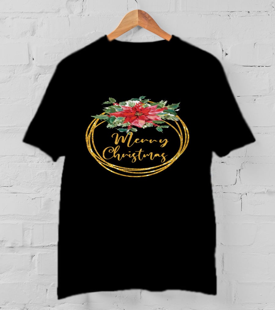 Merry Christmas Poinsettia Wreath T-Shirt