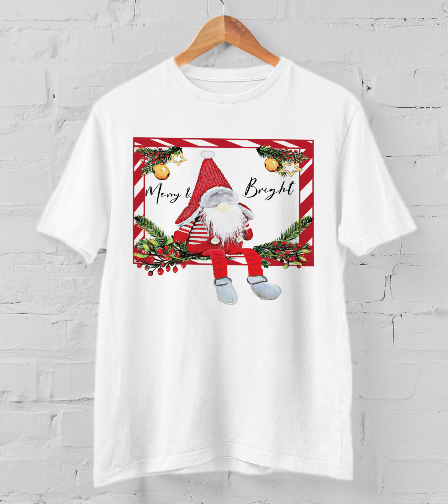 Merry And Bright Gnome Candy Cane Christmas Holiday T-Shirt