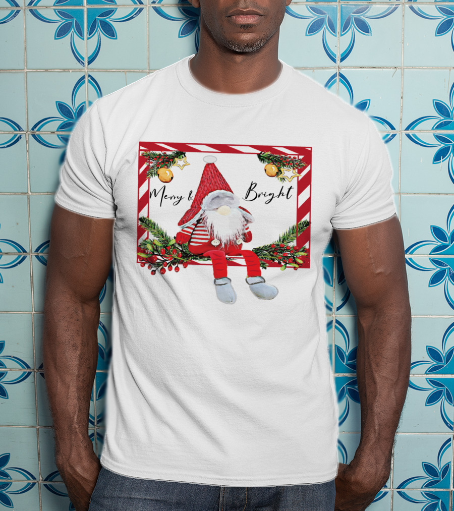 Merry And Bright Gnome Candy Cane Christmas Holiday T-Shirt
