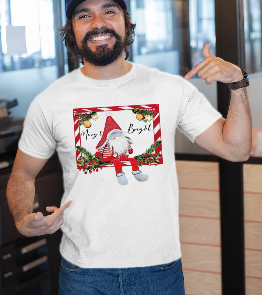 Merry And Bright Gnome Candy Cane Christmas Holiday T-Shirt