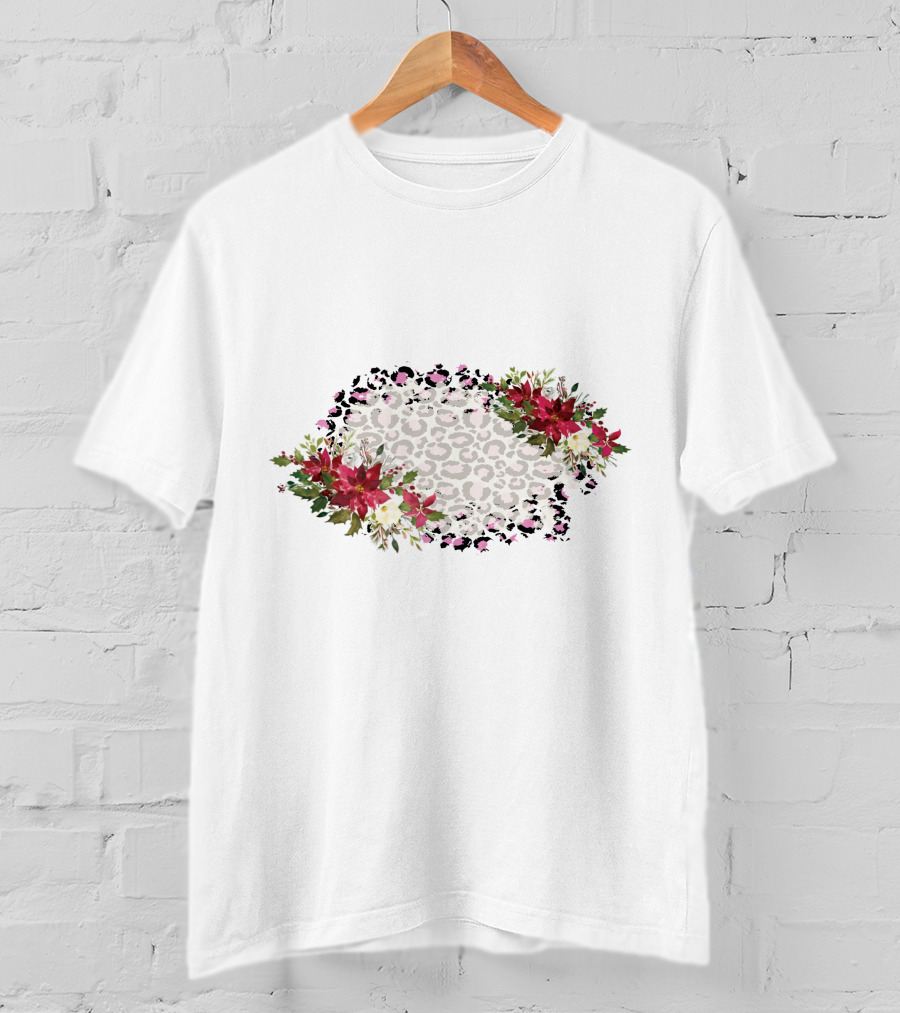 Leopard Print With Floral Poinsettia Border T-Shirt