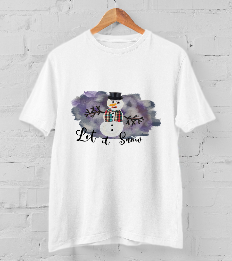 Let It Snow Hand Drawn Snowman Plaid Scarf Top Hat T-Shirt