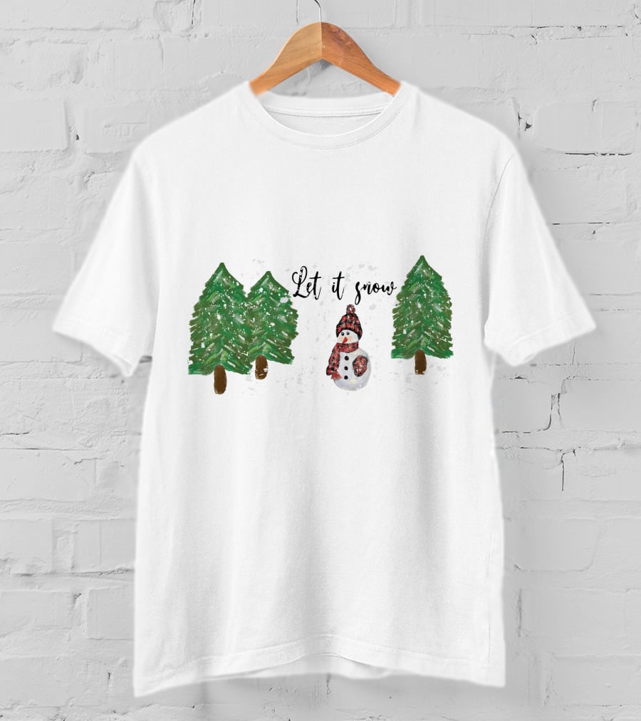 Let It Snow Watercolor Snowman And Pine Trees T-Shirt