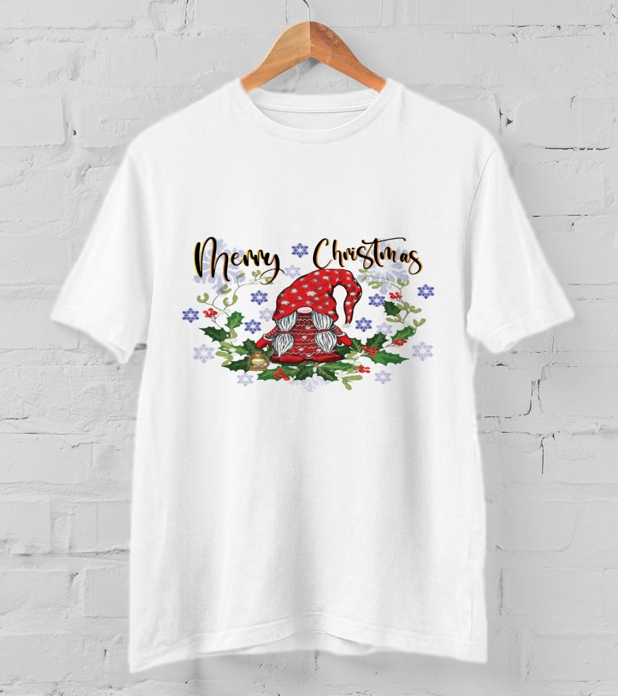 Merry Christmas Gnome With Snowflakes Holly And Lantern T-Shirt