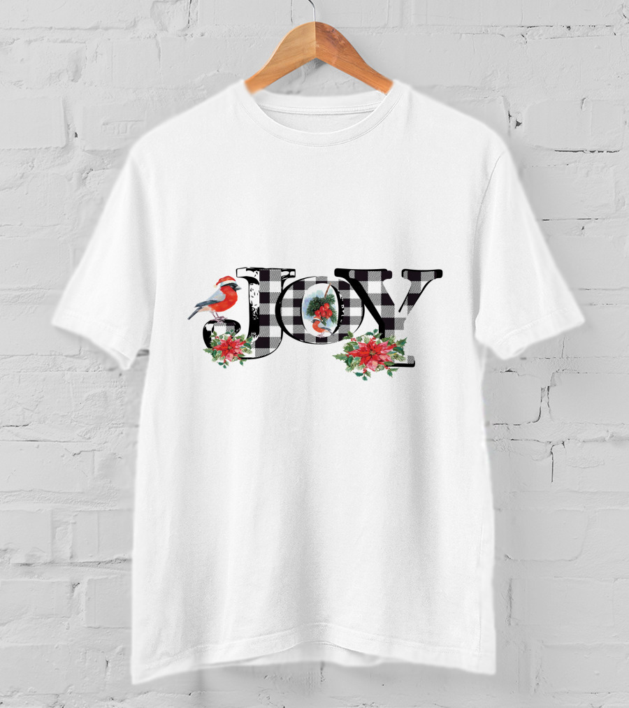 Plaid Joy Cardinal Poinsettia Christmas T-Shirt