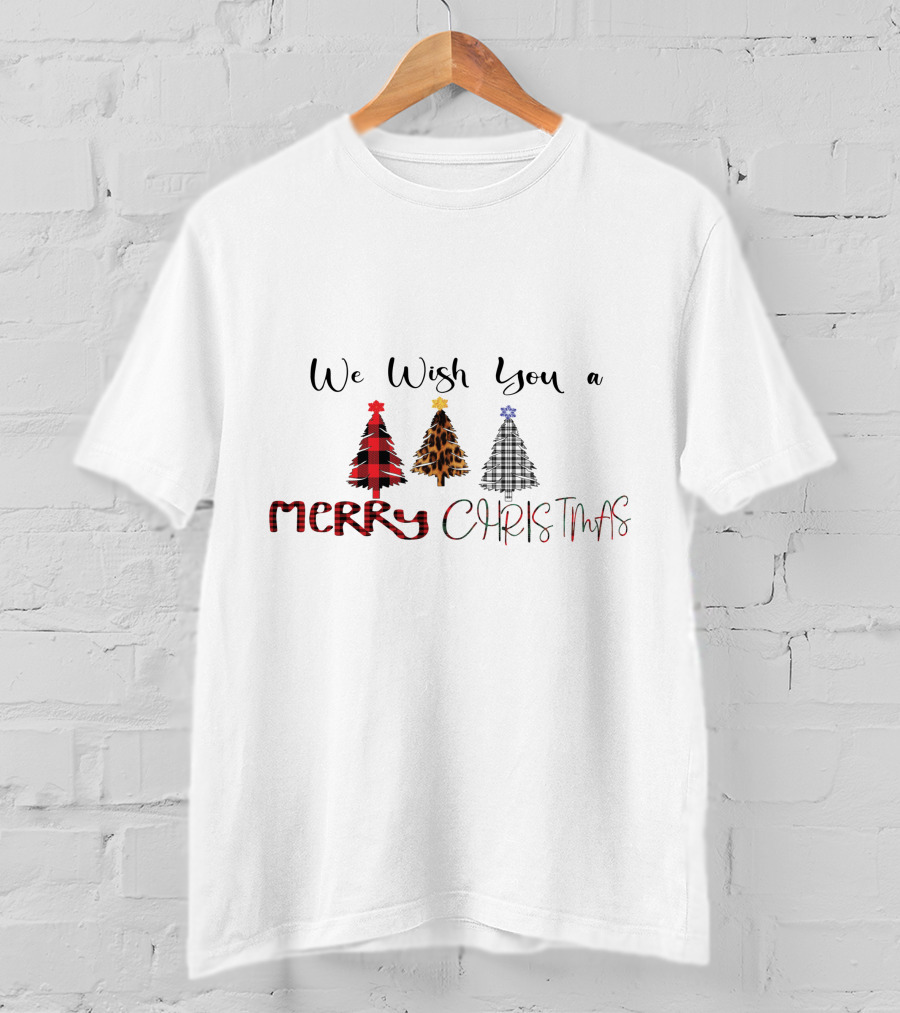 We Wish You A Merry Christmas Trees Plaid Leopard T-Shirt