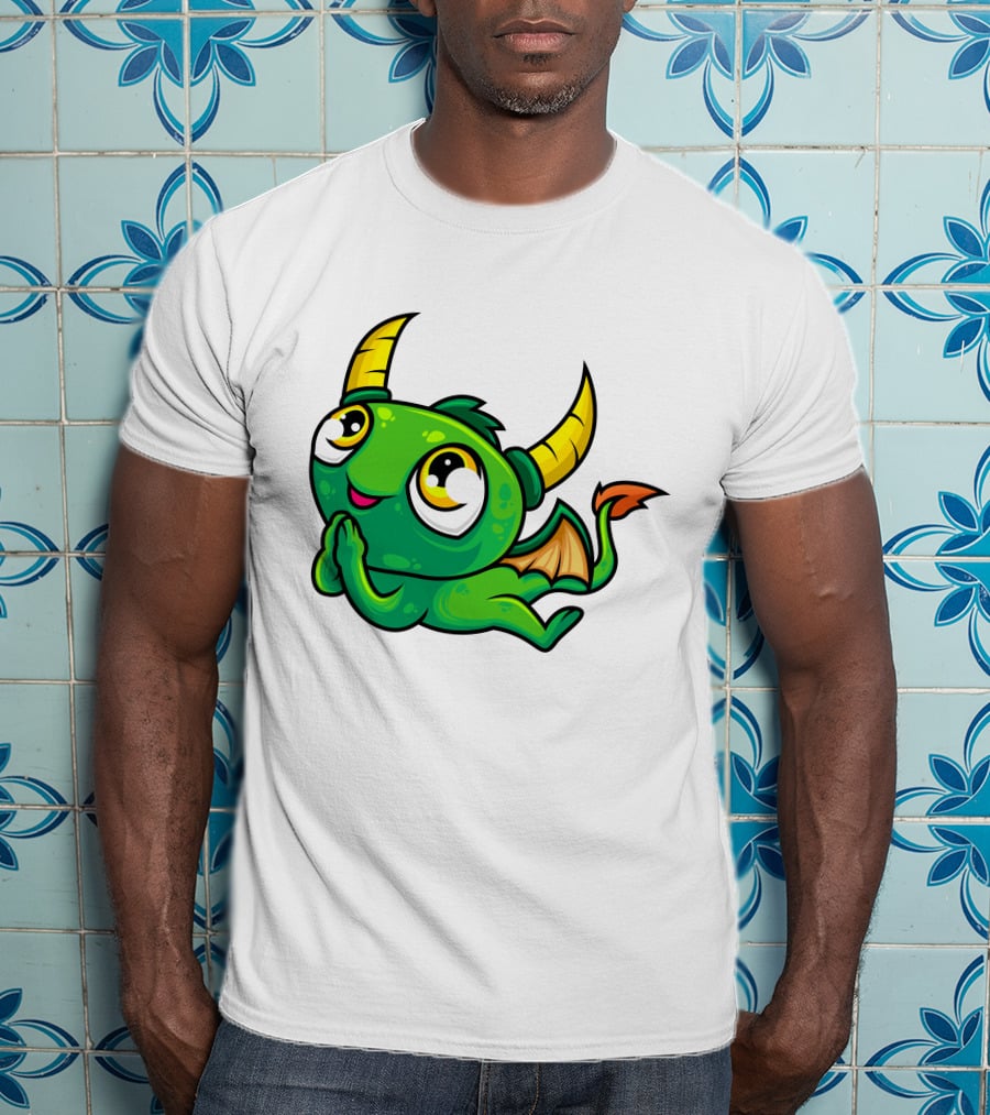 Cute Green Dragon Kawaii Cartoon Character With Horns And Wings T-Shirt