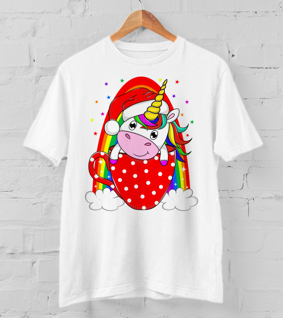 Unicorn In Santa Hat With Rainbow And Red Polka Dot Cup T-Shirt