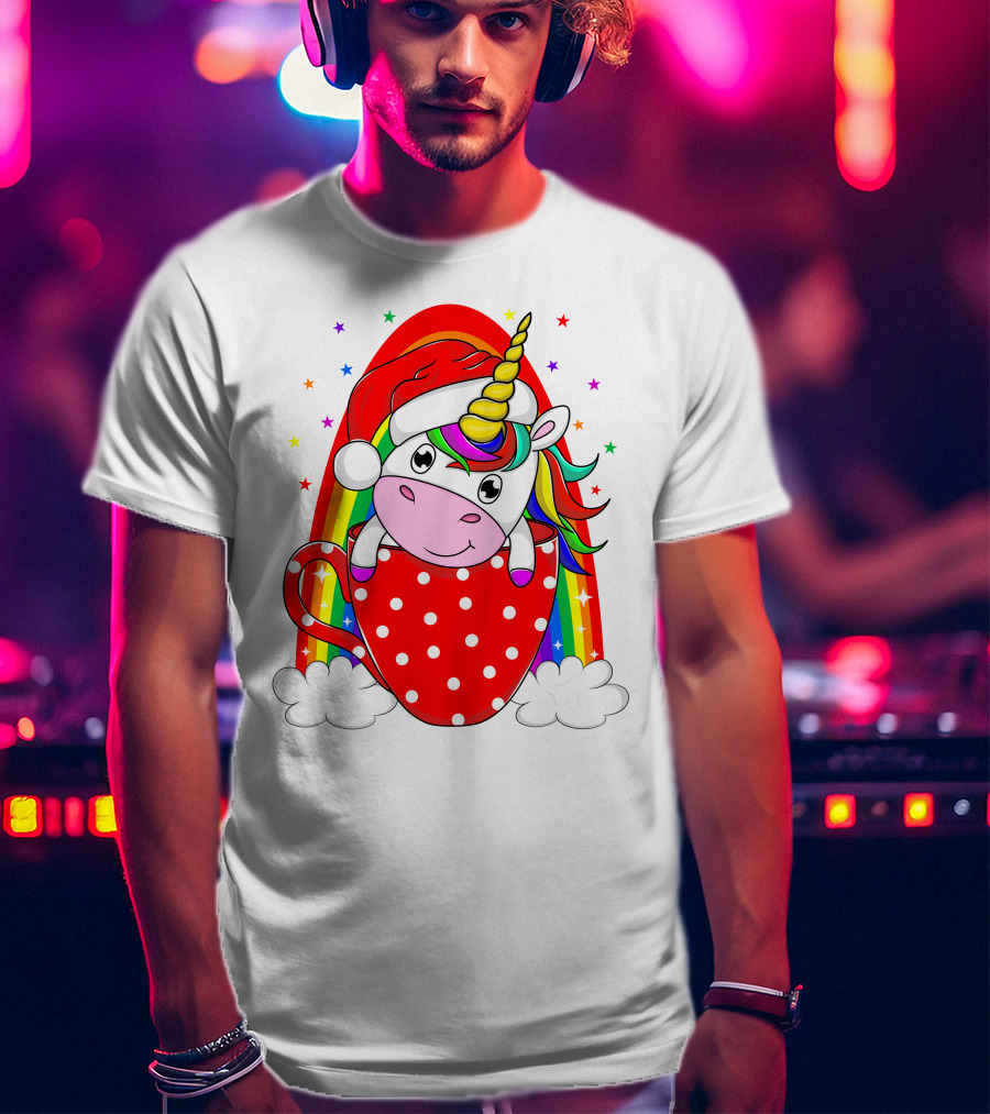Unicorn In Santa Hat With Rainbow And Red Polka Dot Cup T-Shirt