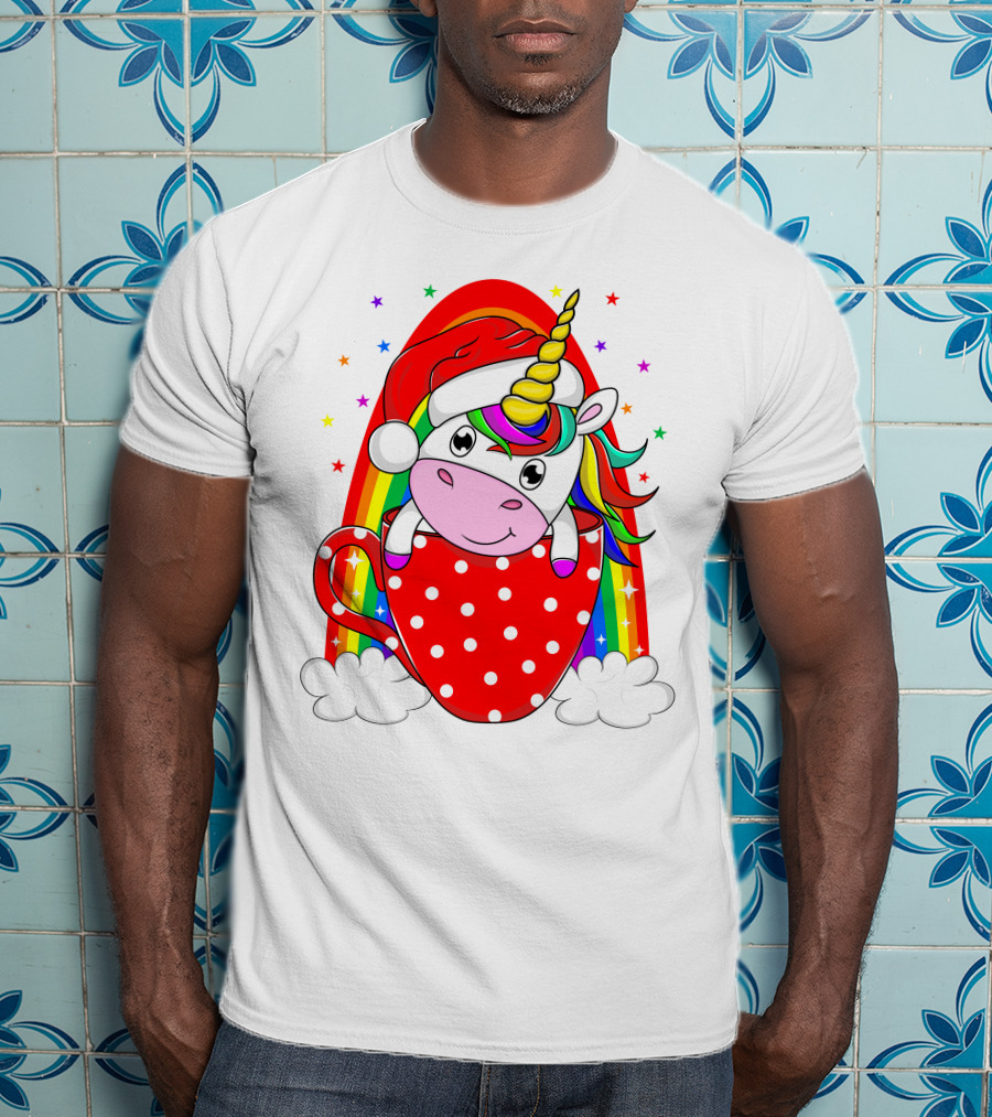 Unicorn In Santa Hat With Rainbow And Red Polka Dot Cup T-Shirt