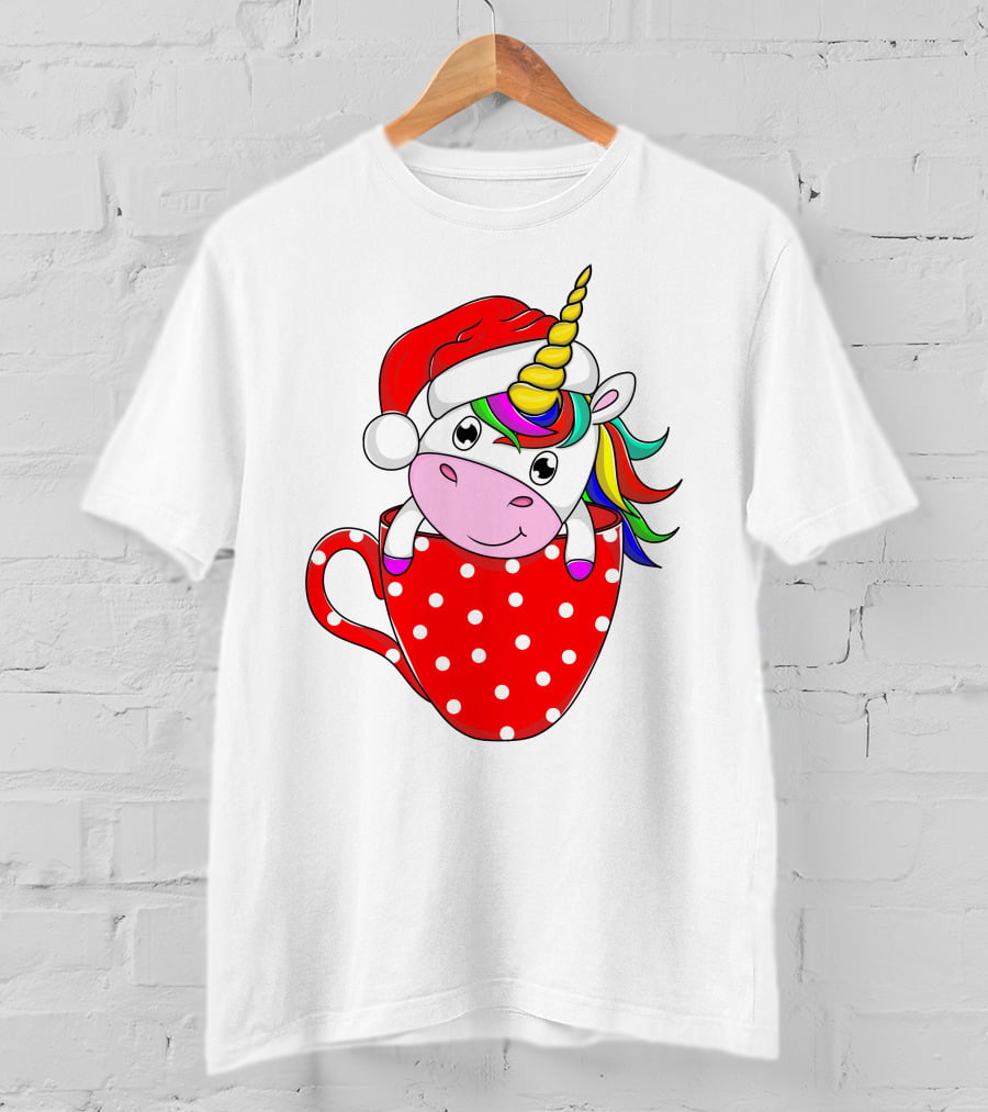 Santa Hat Unicorn In Polka Dot Red Cup T-Shirt