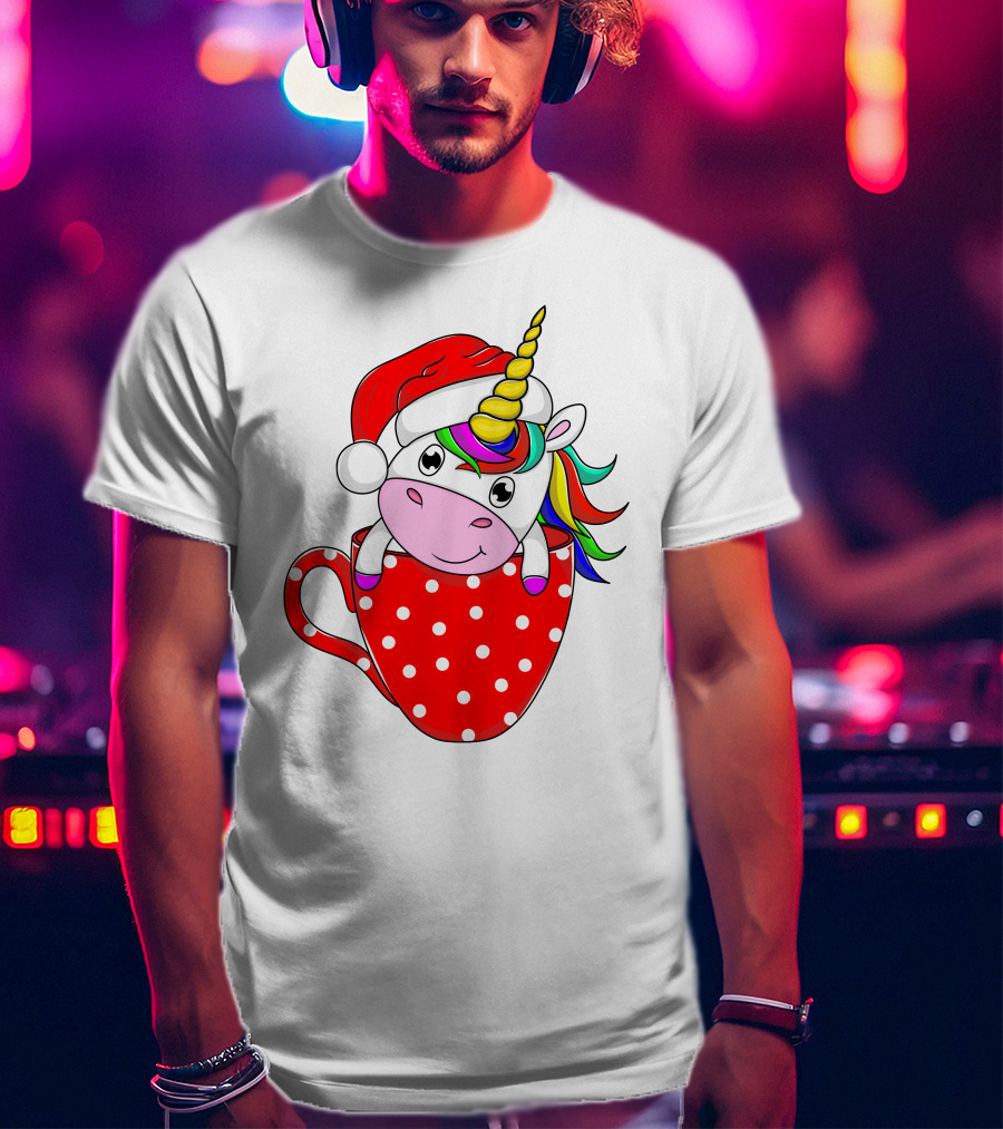 Santa Hat Unicorn In Polka Dot Red Cup T-Shirt