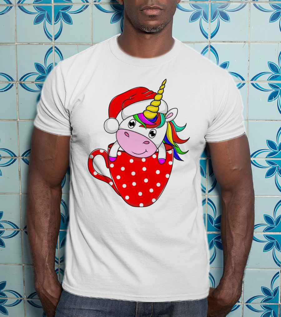 Santa Hat Unicorn In Polka Dot Red Cup T-Shirt