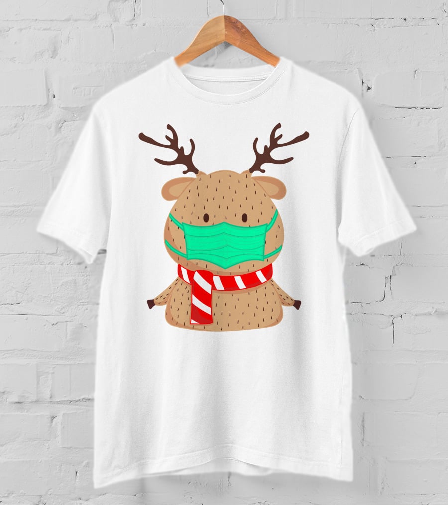 Reindeer Wearing Green Face Mask And Red White Scarf T-Shirt