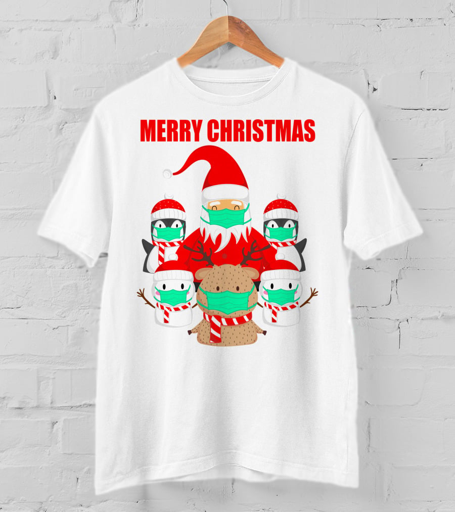 Merry Christmas Santa Deer Penguin Social Distance T-Shirt