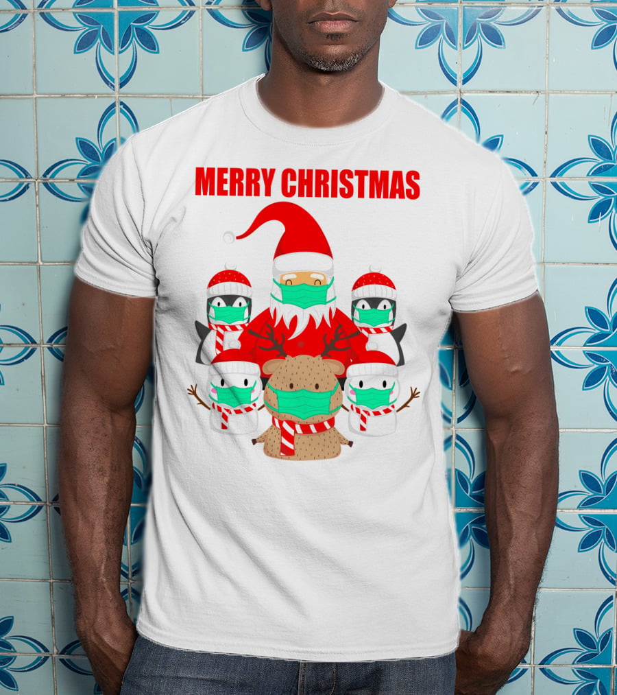 Merry Christmas Santa Deer Penguin Social Distance T-Shirt