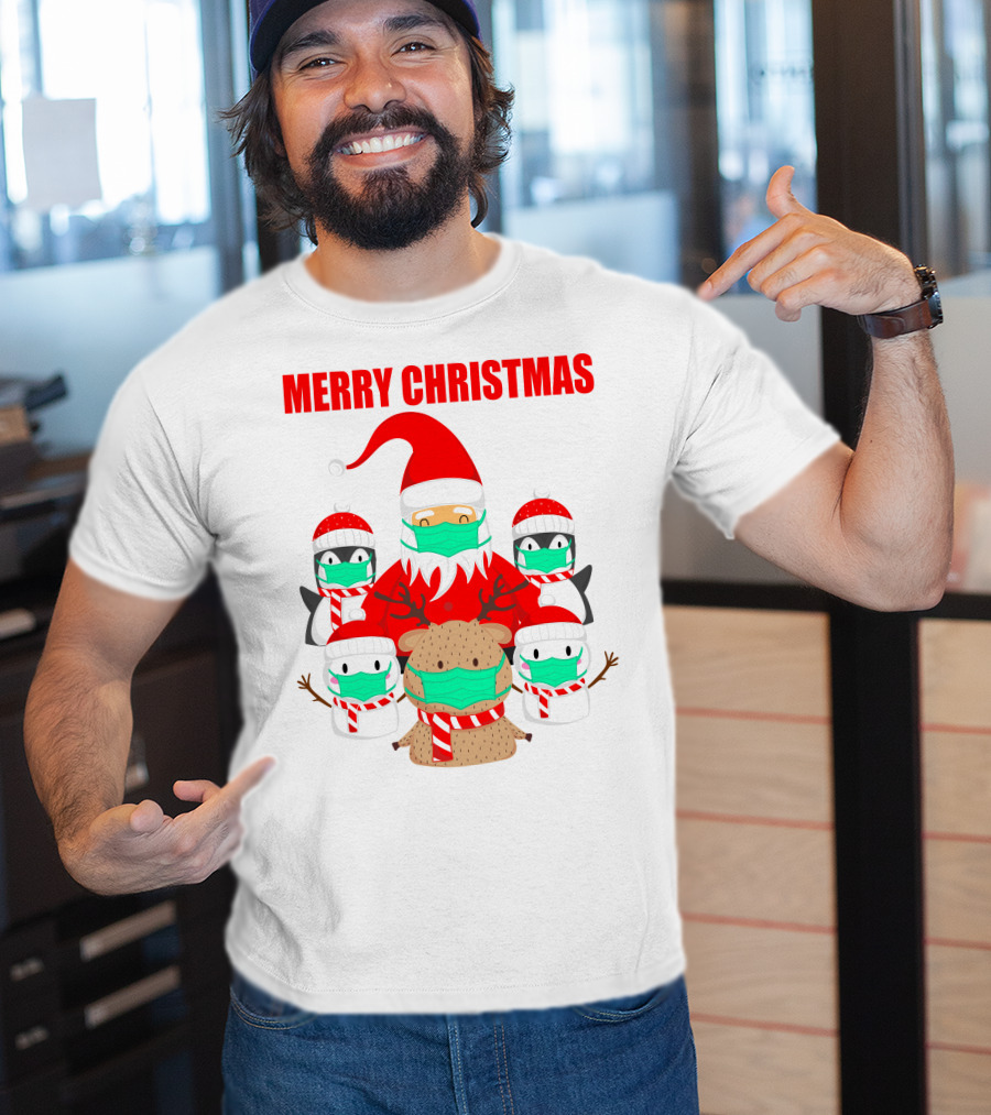Merry Christmas Santa Deer Penguin Social Distance T-Shirt