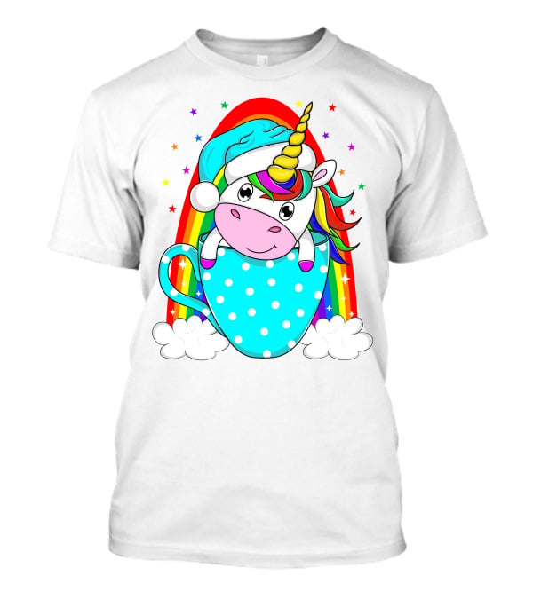 Unicorn In Polka Dot Blue Cup With Rainbow And Stars T-Shirt