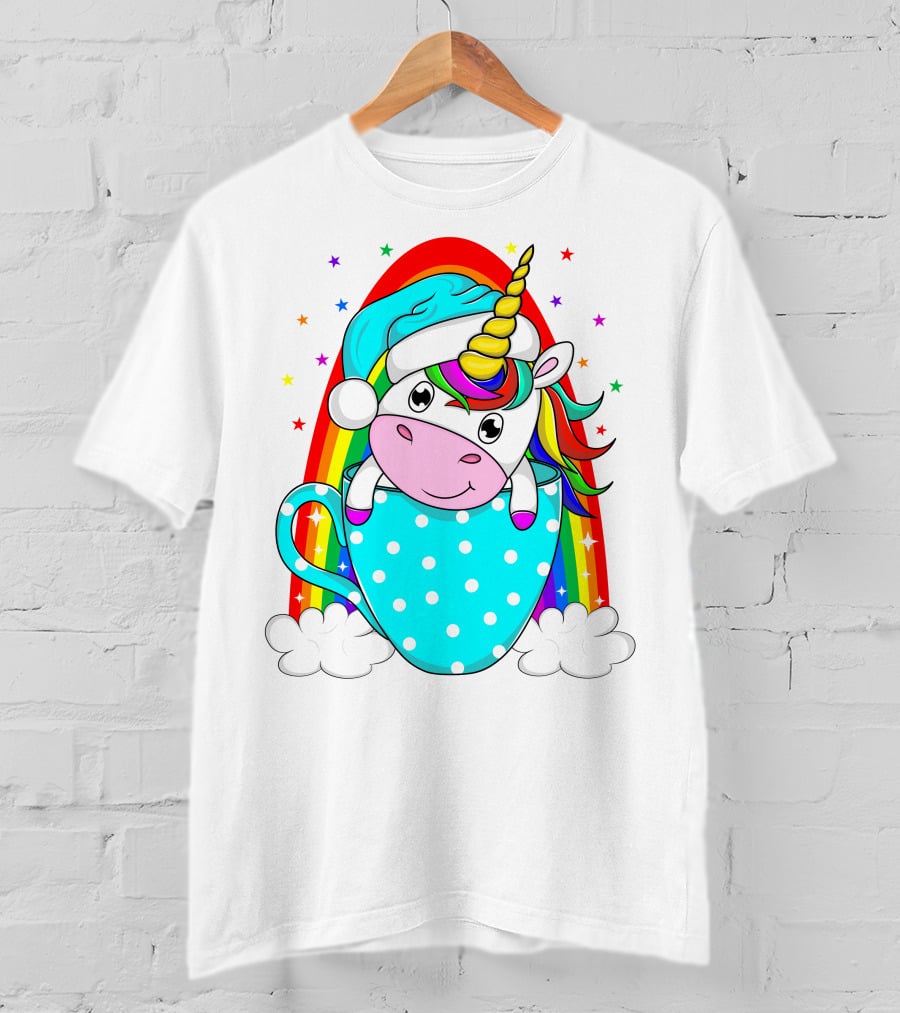 Unicorn In Polka Dot Blue Cup With Rainbow And Stars T-Shirt