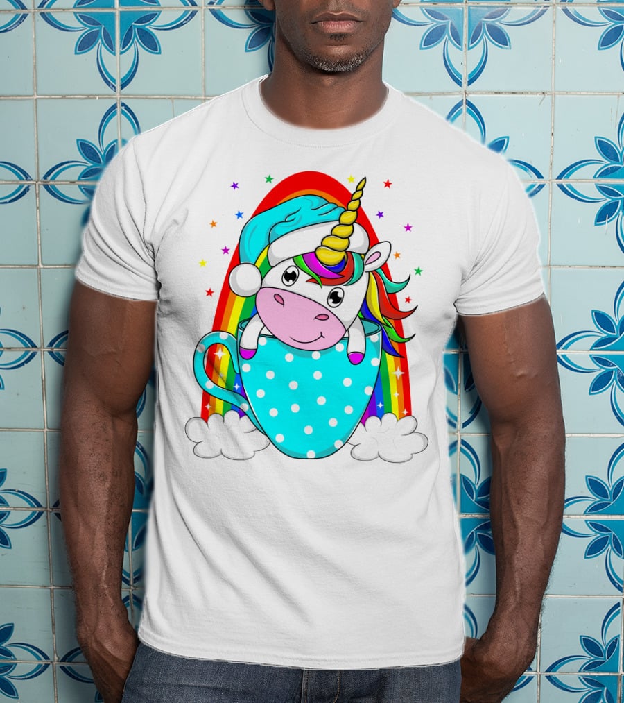 Unicorn In Polka Dot Blue Cup With Rainbow And Stars T-Shirt