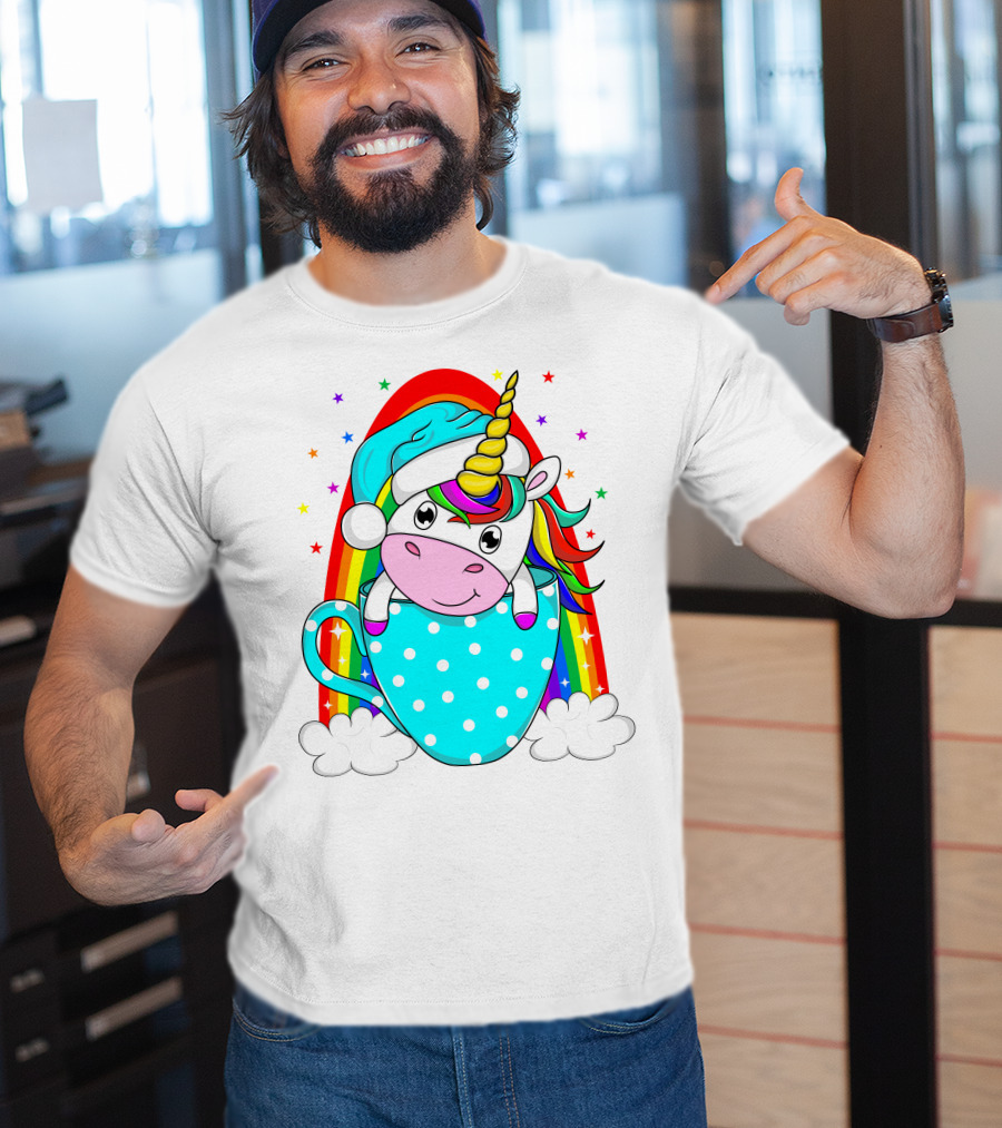 Unicorn In Polka Dot Blue Cup With Rainbow And Stars T-Shirt
