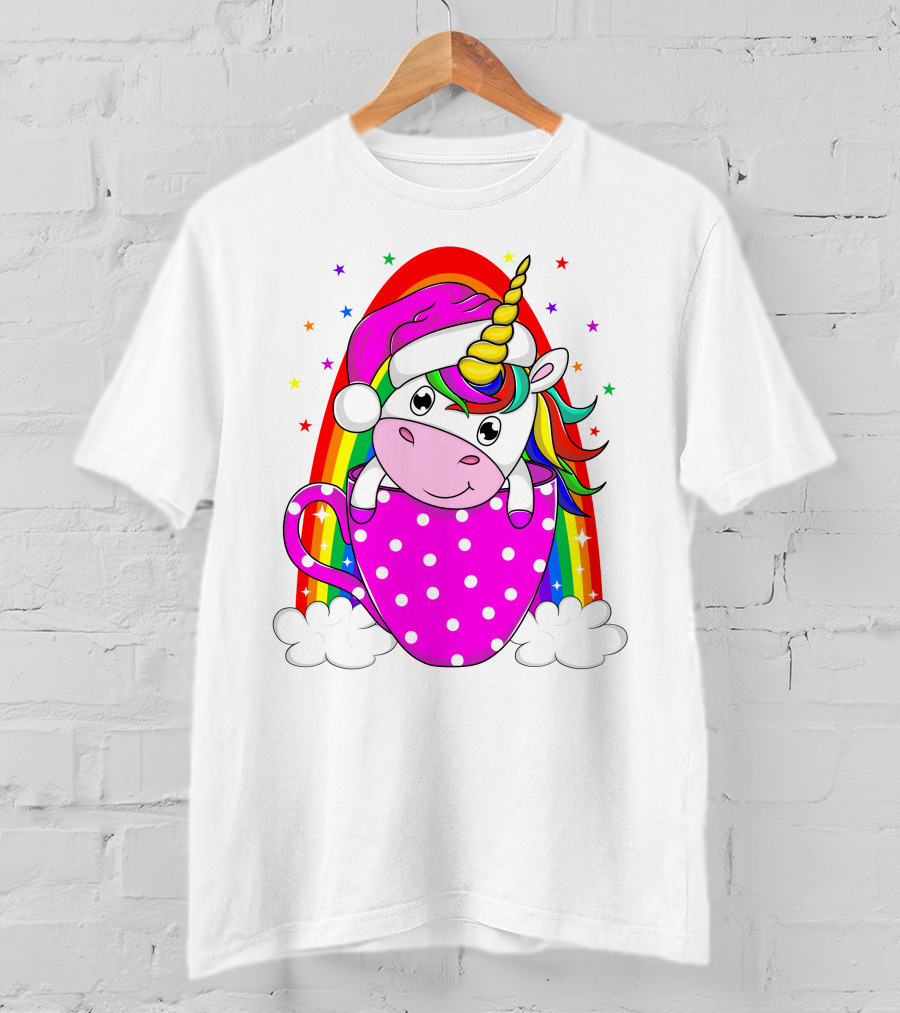 Unicorn Rainbow Santa In Pink Polka Dot Cup T-Shirt