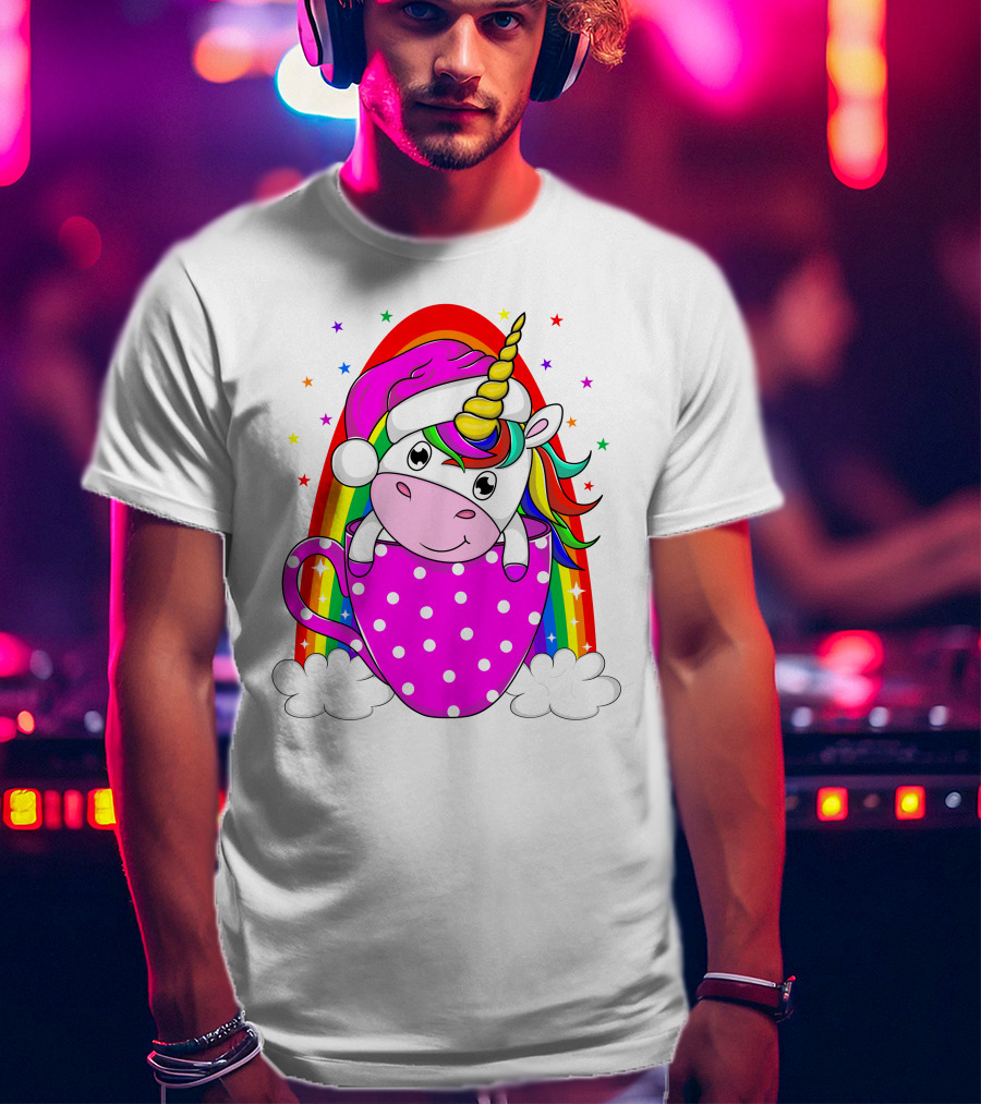 Unicorn Rainbow Santa In Pink Polka Dot Cup T-Shirt
