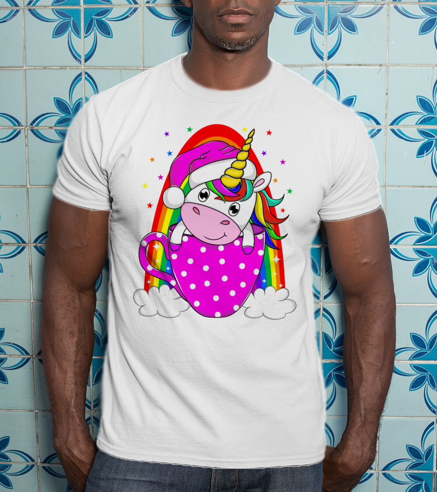 Unicorn Rainbow Santa In Pink Polka Dot Cup T-Shirt