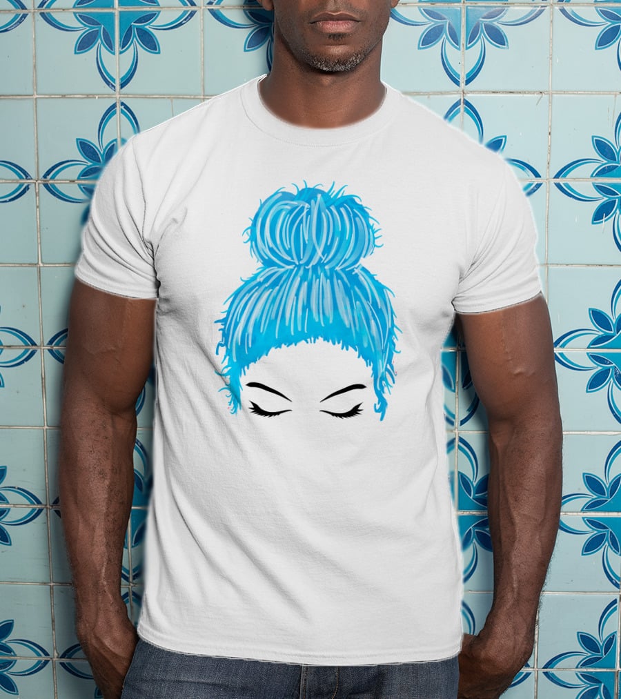 Messy Bun Blue Hair Momlife Trendy Hairstyle Sketch T-Shirt