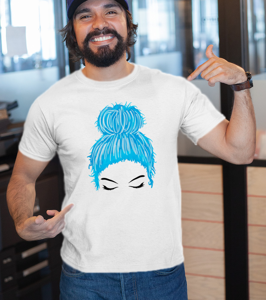 Messy Bun Blue Hair Momlife Trendy Hairstyle Sketch T-Shirt