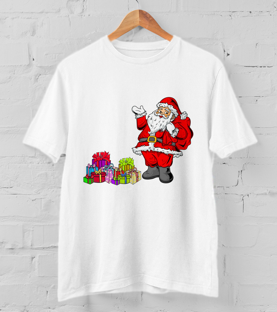Santa Claus Joyfully Delivering Colorful Presents T-Shirt