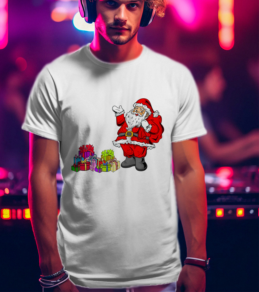 Santa Claus Joyfully Delivering Colorful Presents T-Shirt