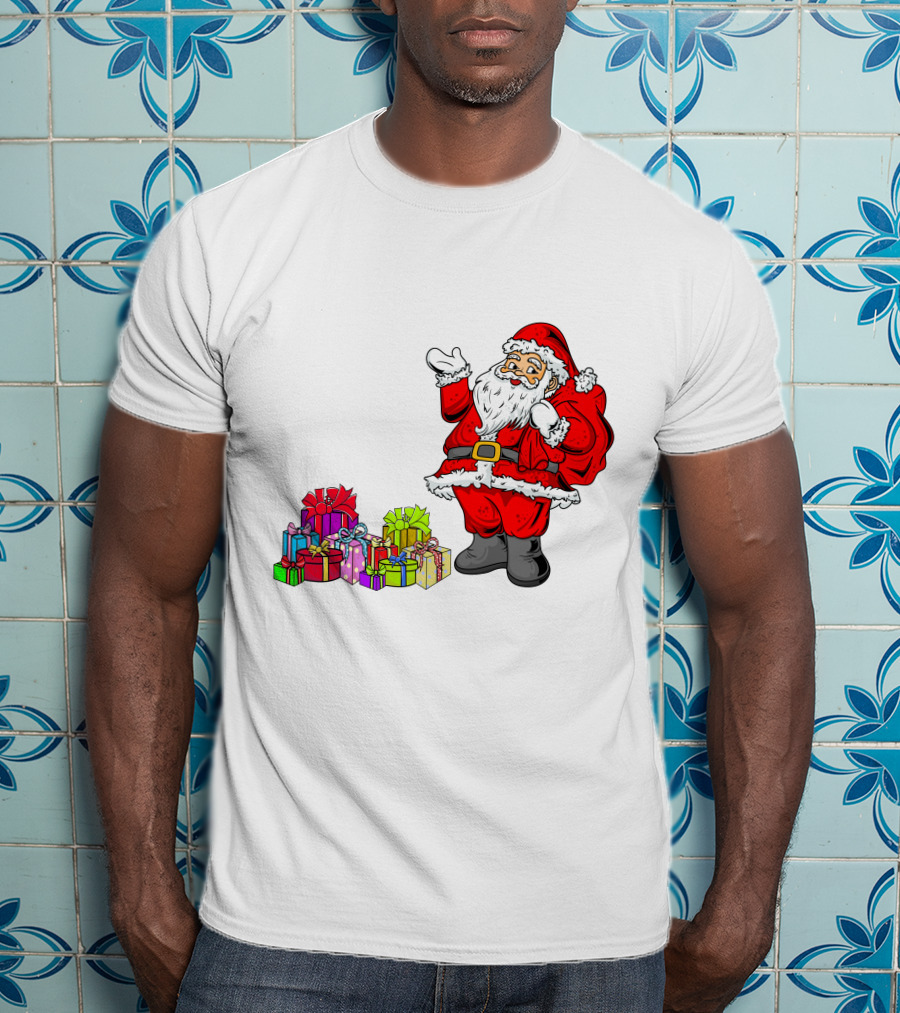 Santa Claus Joyfully Delivering Colorful Presents T-Shirt