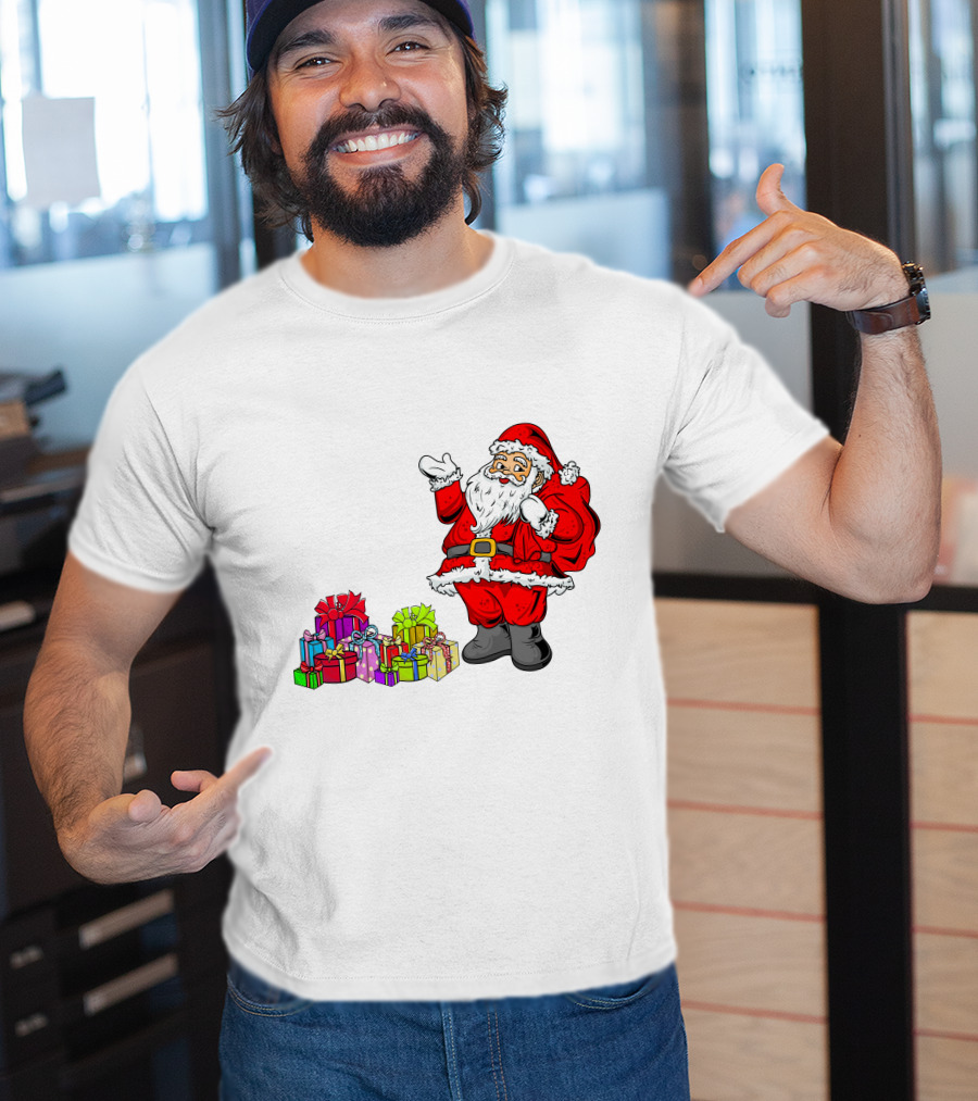 Santa Claus Joyfully Delivering Colorful Presents T-Shirt