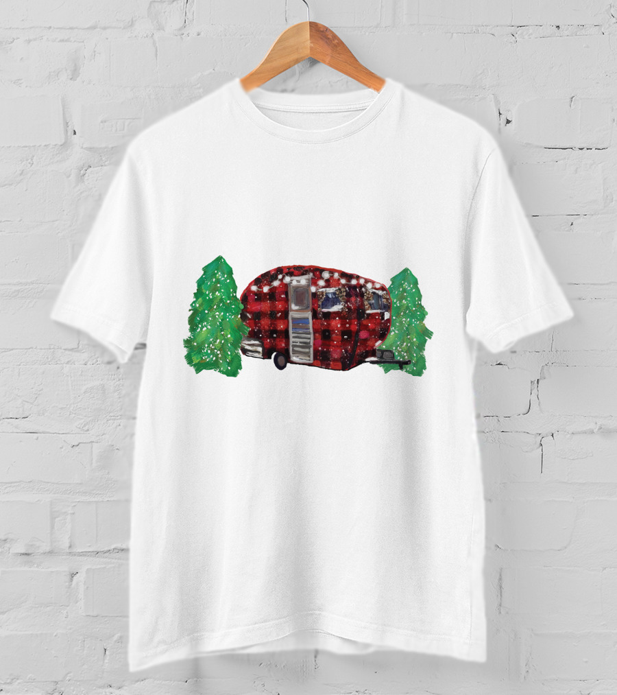 Watercolor Christmas Buffalo Plaid Camper With Trees T-Shirt
