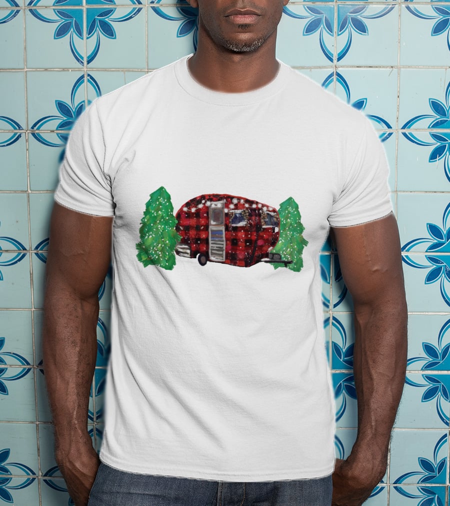 Watercolor Christmas Buffalo Plaid Camper With Trees T-Shirt