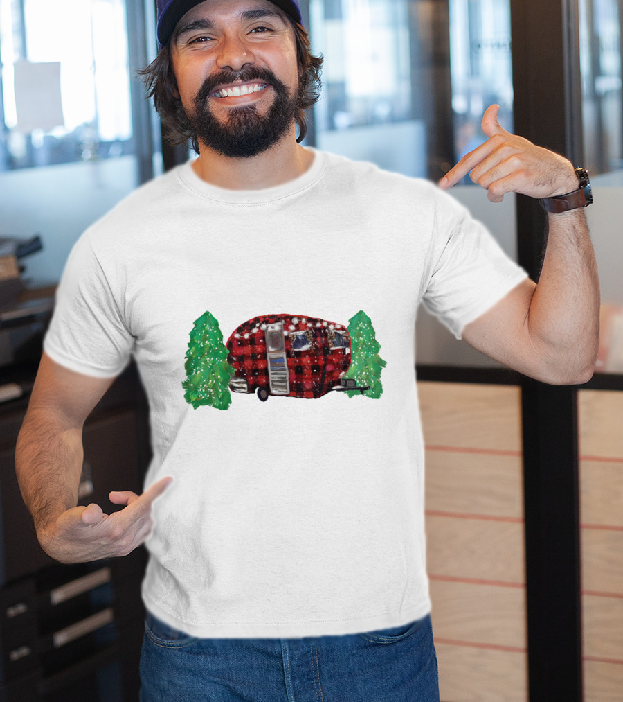 Watercolor Christmas Buffalo Plaid Camper With Trees T-Shirt